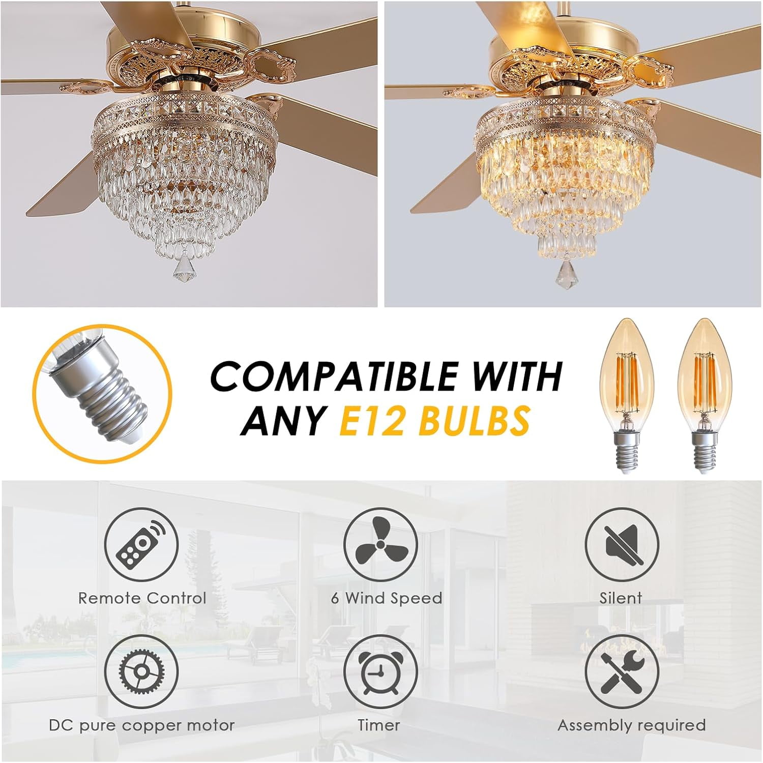 PHORUS 52" Crystal Ceiling Fan with Lights, Gold Fandelier, Remote Control, Silent AC Motor, Energy-Efficient, 3-Speed, Retro/Farmhouse Style for Living Room, Bedroom, Dining Room