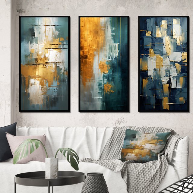 Designart "Comfort in Glory Blue Abstract Expressionism III" Abstract Painting Framed Wall Art Set Of 3 - Blue Modern Frame Canvas Set For Living Room Decor