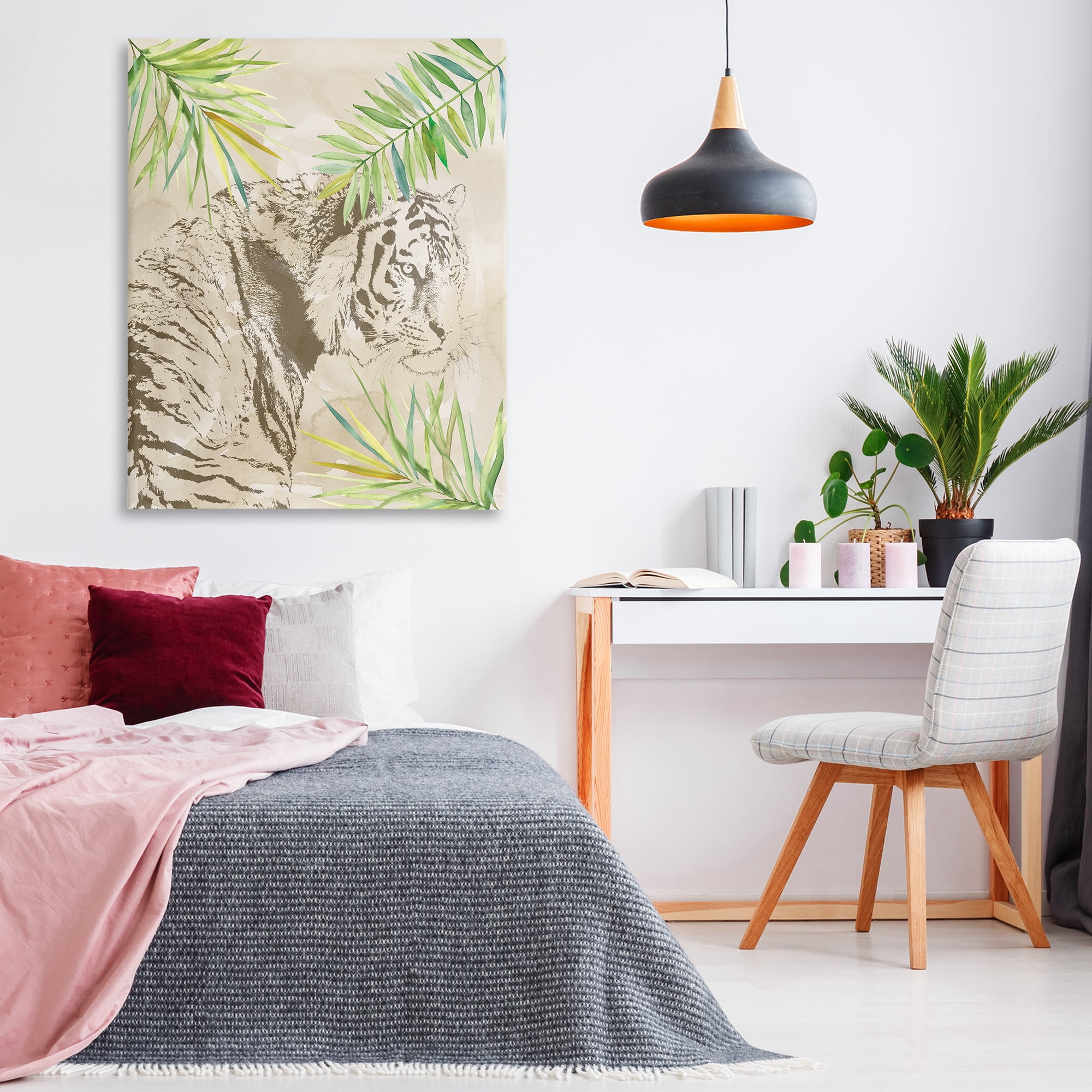 Stupell Industries Tiger Impression & Palms Animals Painting Wrapped Canvas Art Print Wall Art, 36 x 48