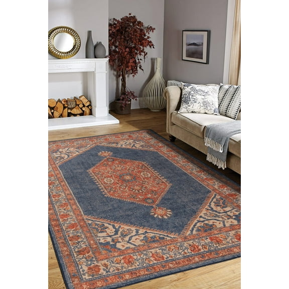 Durdle Door Navy Oriental Polyester Digital Print Decorative Area Rug