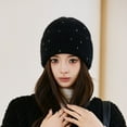thumbnail image 5 of Kripyery Fall Winter Women Beanie Thickened Knitted Rhinestone Decor Soft Warm Elastic No Brim Solid Color Anti-slip Windproof Lady Dome Cap, 5 of 8