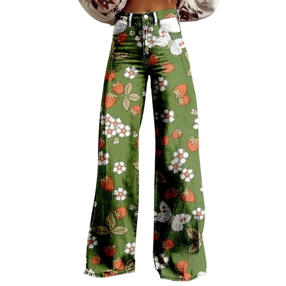 Charmgo Palazzo Pants for Women, Women's Vintage Floral Print Wide Leg Pant High Waisted Stretchy Flowy Pants with Pockets, Baggy Pants for Women Green L