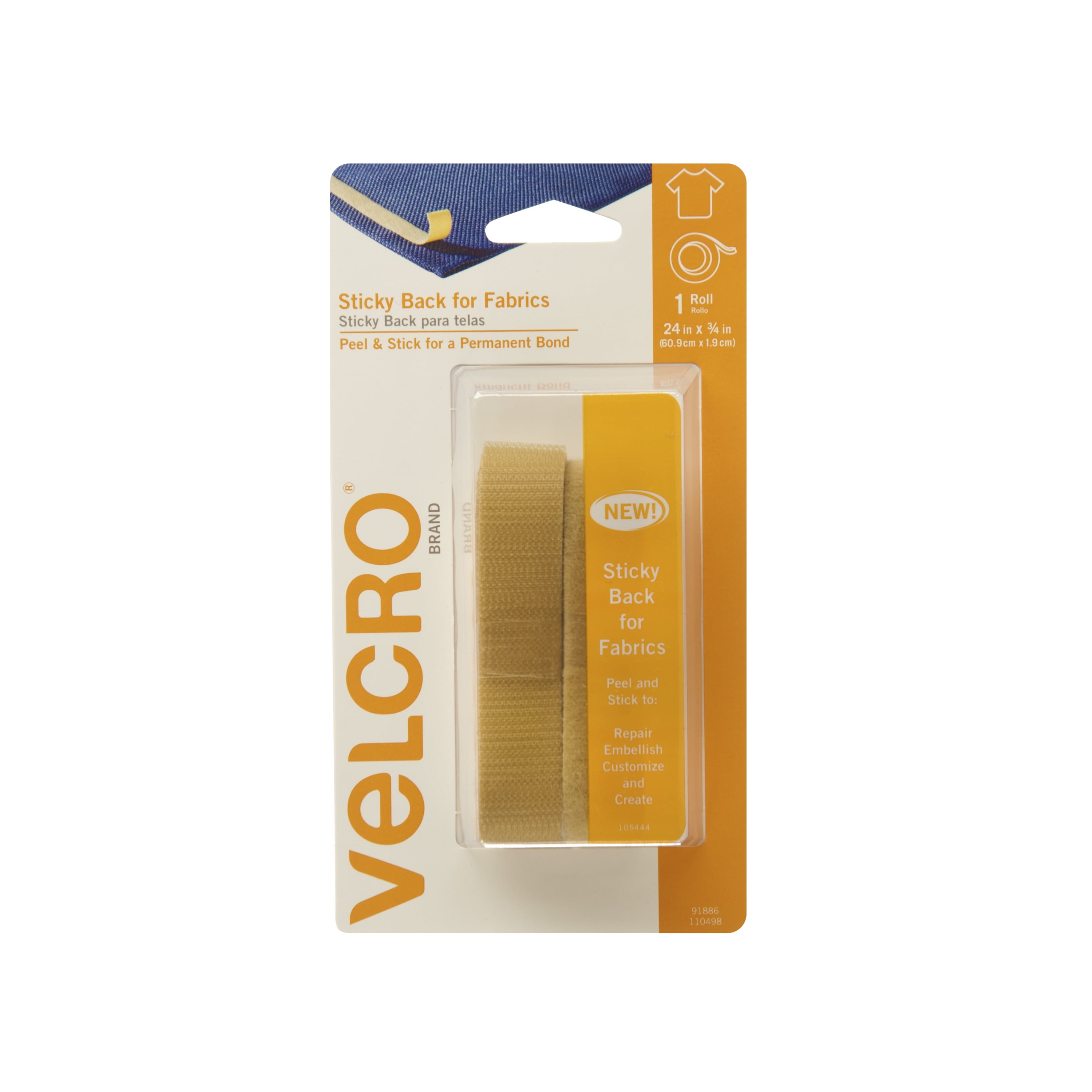 VELCRO Brand for Fabrics | Permanent Sticky Back Fabric Tape for Alterations and Hemming | Peel and Stick - No Sewing, Gluing, or Ironing | Cut-to-Length Roll, 24 in x 3/4 in, Beige