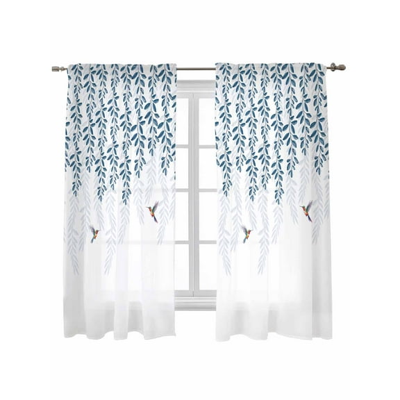 Blue Botanical Curtains 63 Inch Length, Sheer Curtains for Bedroom Living Room Window Pastoral Spring Floral Summer Birds Rod Pocket Voile Drapes Kitchen Curtains Small Half Window 42"x63" 2 Panels