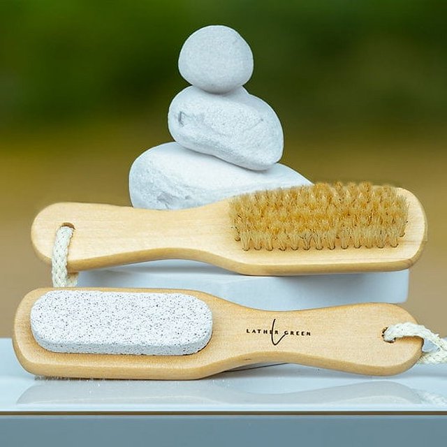 Pedicure Brush with Pumice Stone, Natural Bristles & Ergonomic Wooden Handle, 1 Piece by LatherGreen