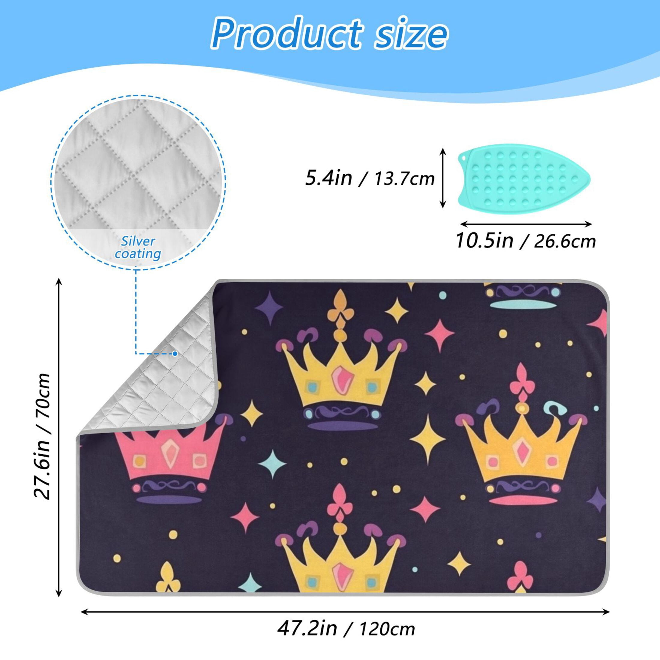 Mardi-gras Crowns Cartoon Ironing Mat Blanket Portable Travel Ironing Pad Heat Resistant Pad 47.2" x 27.6”