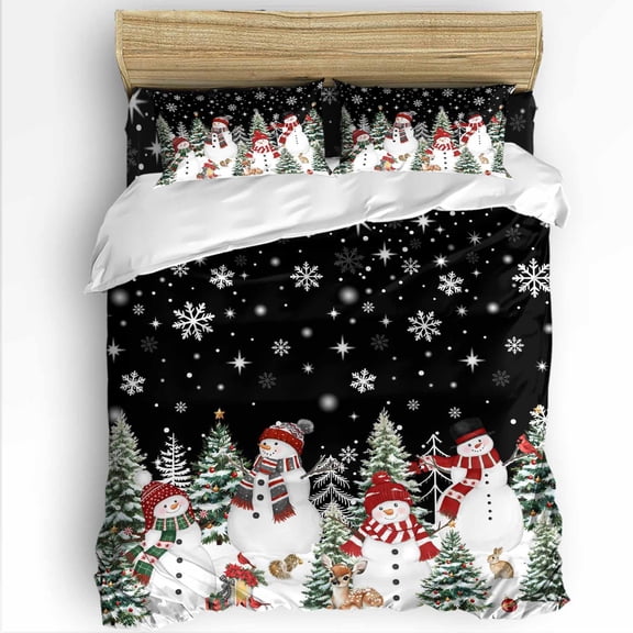 Christmas Snowman Twin Size Comforter Set, Red Snowman Xmas Trees Snowflakes Black Soft Bedding for All Seasons, 4 Pcs Bed Set with 1 Comforter (68"x86") ,1Sheet(66"x116"), 2 Pillowcases (19"x29")