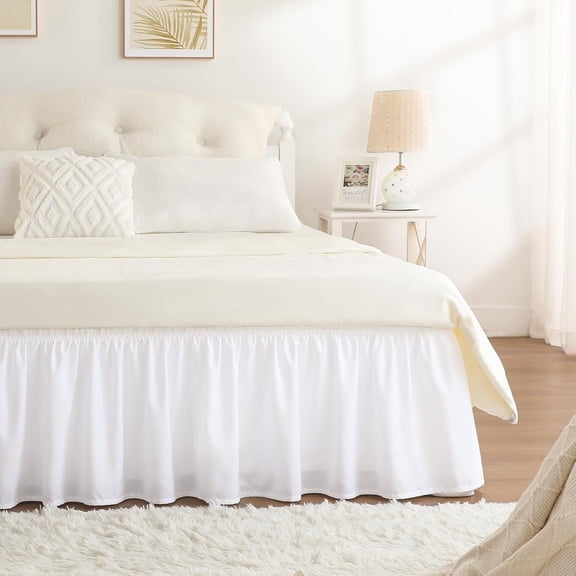 AUQ Full Size White Bed Skirt 15 Inch Drop,Wrap Around Elastic Bed Skirts Full Size Dust Ruffle,Bedskirt for Adjustable Bed Base Solid Wrinkle and Fade Resistant Silky Fabric Machine Washable