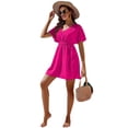 thumbnail image 2 of Womens Summer Solid Casual V-Neck Beach Dress Ruffle Short Sleeve Loose Dress Rose red M, 2 of 8