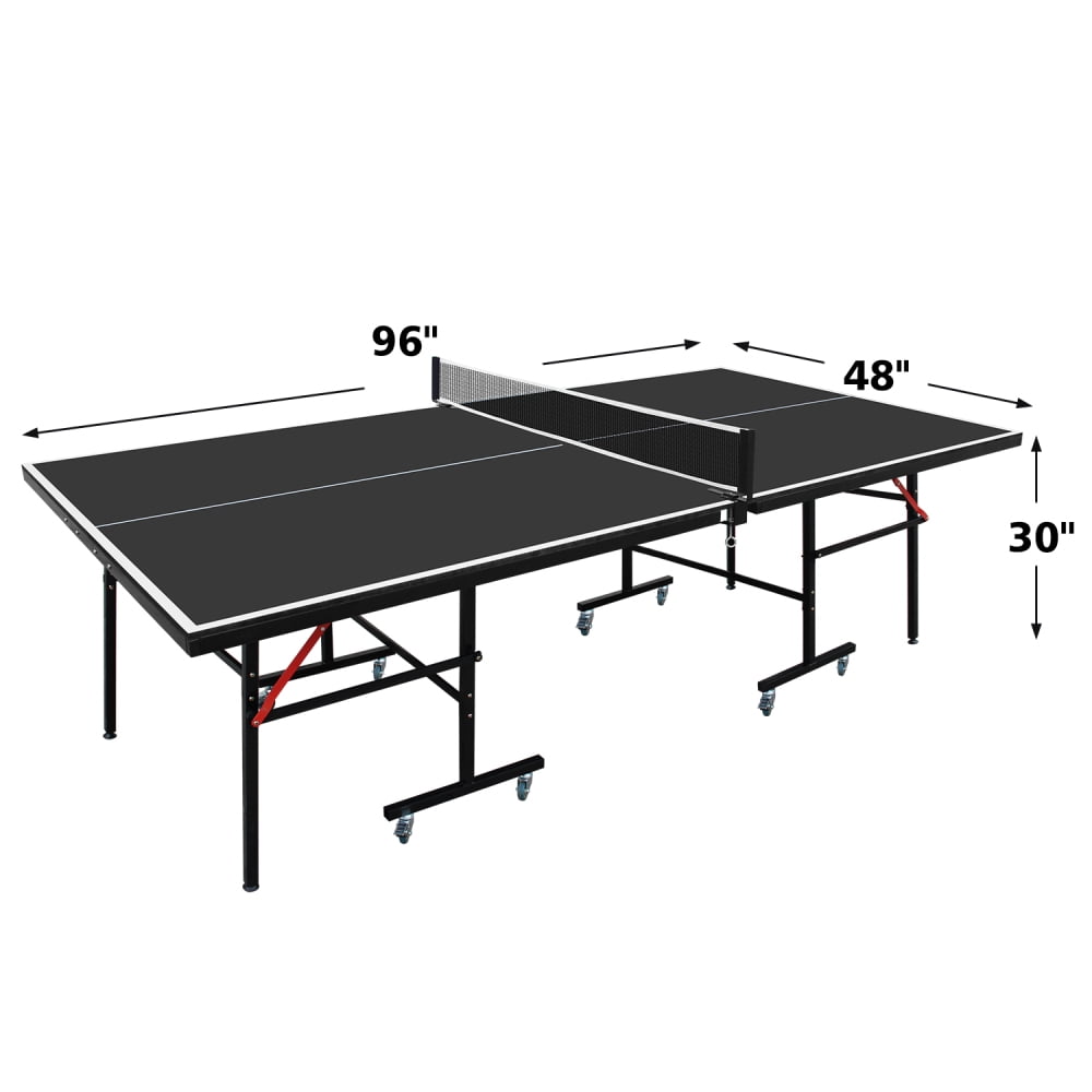 8ft Black Mid-Size Table Tennis Table Foldable & Portable Ping Pong Table Set for Indoor Games with Net, 2 Table Tennis Paddles and 3 Balls