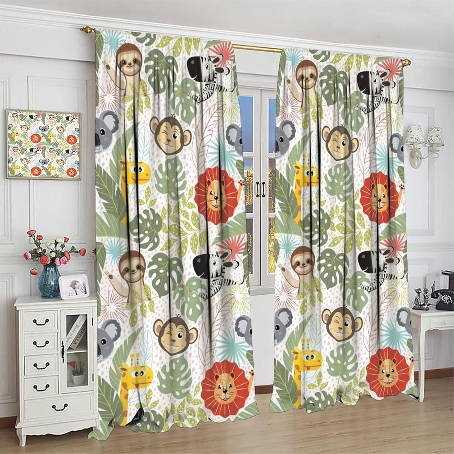 Kids Wildlife Curtains Colorful Cute Cartoon Funny Forest Animals Lion Giraffe Koala Art Print for Kids Bedroom Nursery Decor Rod Pocket Blackout Window Drapes 2 Panels 42x54in