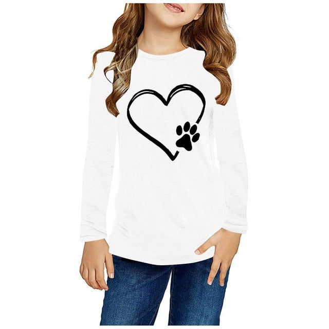 MeetoTime Hauts à Manches Longues pour Filles Printemps Automne Col Rond Imprimé Cœur Tunique Habillée Chandail pour Enfants