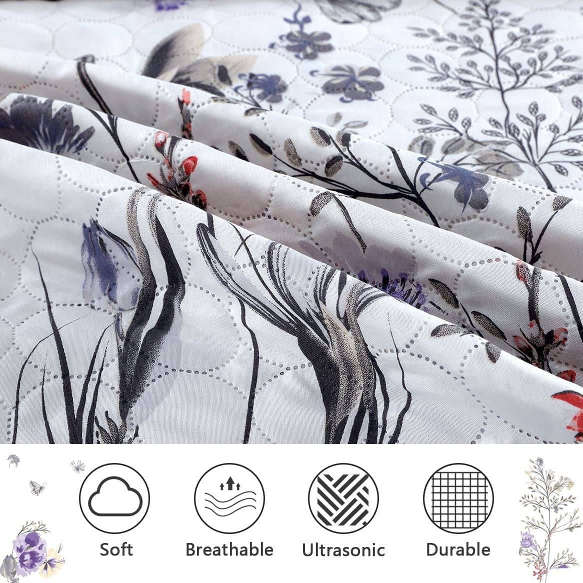 Jessy Home Twin Floral Quilt Lightweight Purple Butterfly Bedding Tulip Bedspread Coverlet