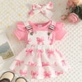 thumbnail image 2 of Wxirdiow Dresses Baby Girl Newborn Baby Girl Clothes Bow Print Short Sleeve Tops Suspender Skirt with Headband Summer Outfits Pink Size,9-12 Months, 2 of 6