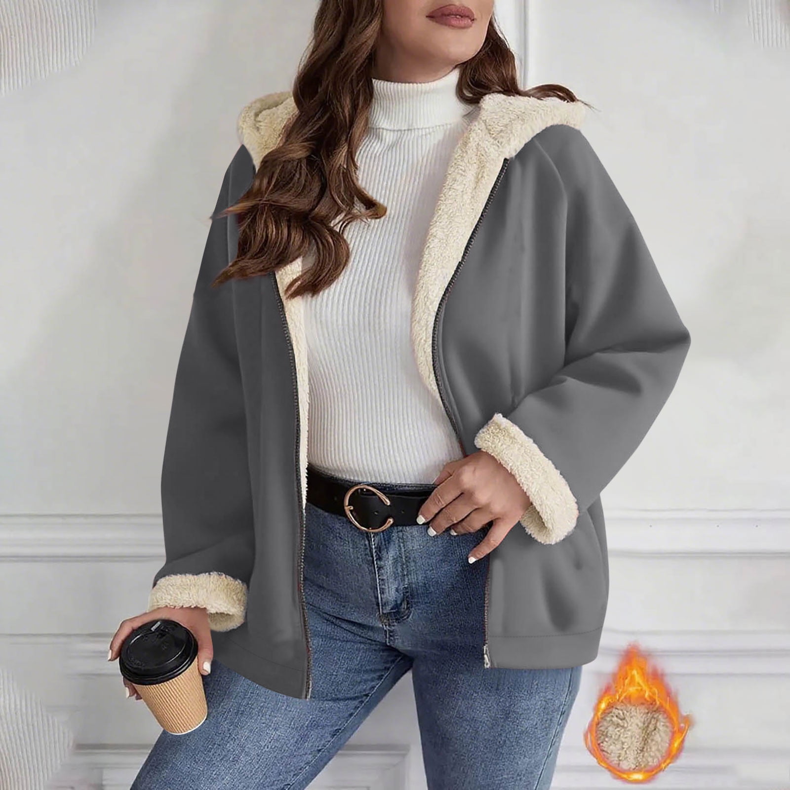 ス*ズ様 FLANNEL CHECK COAT GREY RBCKVXZ Women's Solid Color Shacket Lined Flannel Jackets Winter
