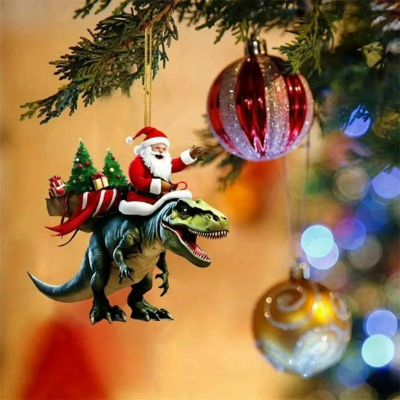 Santa Riding Dinosaur Christmas Ornament, Whimsical Acrylic Pendant for Christmas Tree Decorations, Christmas Decorations Indoor, Playful Holiday Theme