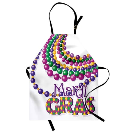 Party Bib - Mardi Gras Apron Colorful Beads Party Necklaces with Mardi Gras Calligraphy Patterned Design, Unisex Kitchen Bib Apron with Adjustable Neck for Cooking Baking Gardening, Multicolor, by Ambesonne