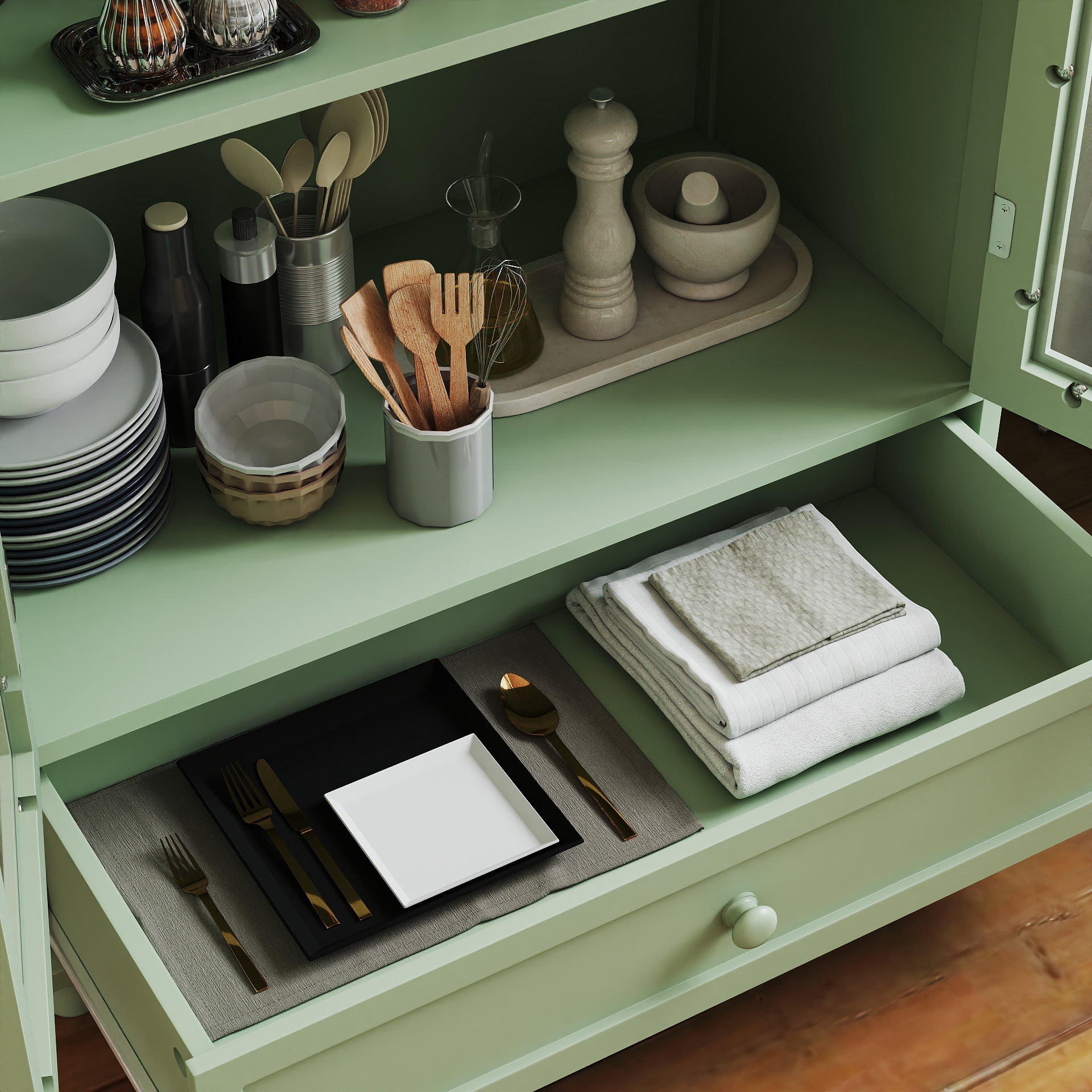 Aukfa Buffet Pantry Cabinet,Arched Glass Door Wood Sideboard Storage Cabinet for Dining Room Hallway Entryway,Green