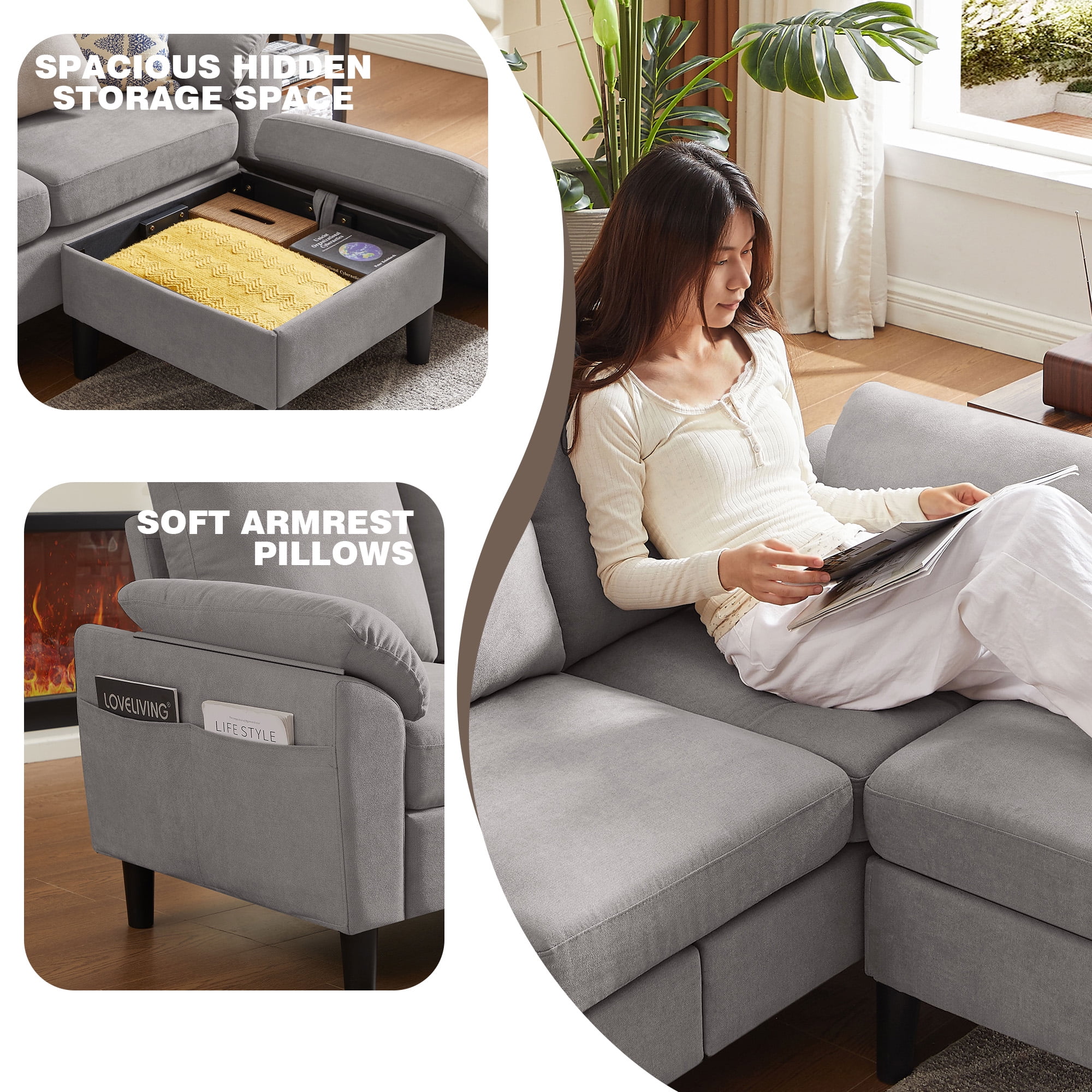 Pingliang Home Sectional Sofa Couch with Storage Ottoman and Loveseat,Modern 5 Seater Sofa Couch Set,L Shaped Couch with Footstool for Living Room Apartment Studio Office,Light Gray