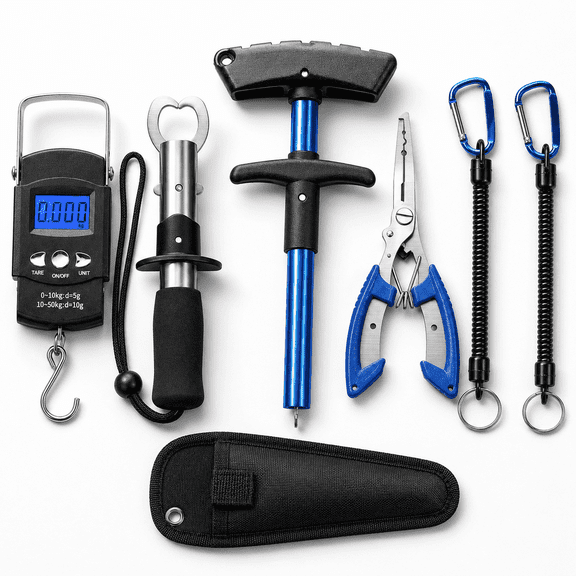 PanAdventure 7pcs Fishing Tool Kit, Angler Tackle Set with Hook Remover, Digital Scale, Lip Gripper & Pliers, Sheath and Lanyards for Freshwater & Saltwater