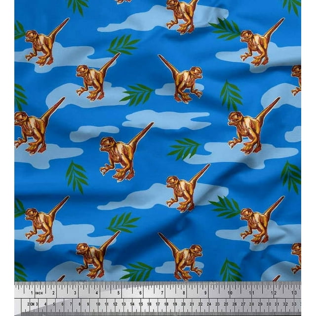 Soimoi polyester Crepe Fabric Leaves & Dinosaur Jungle Print Sewing Fabric Yard 52 Inch Wide