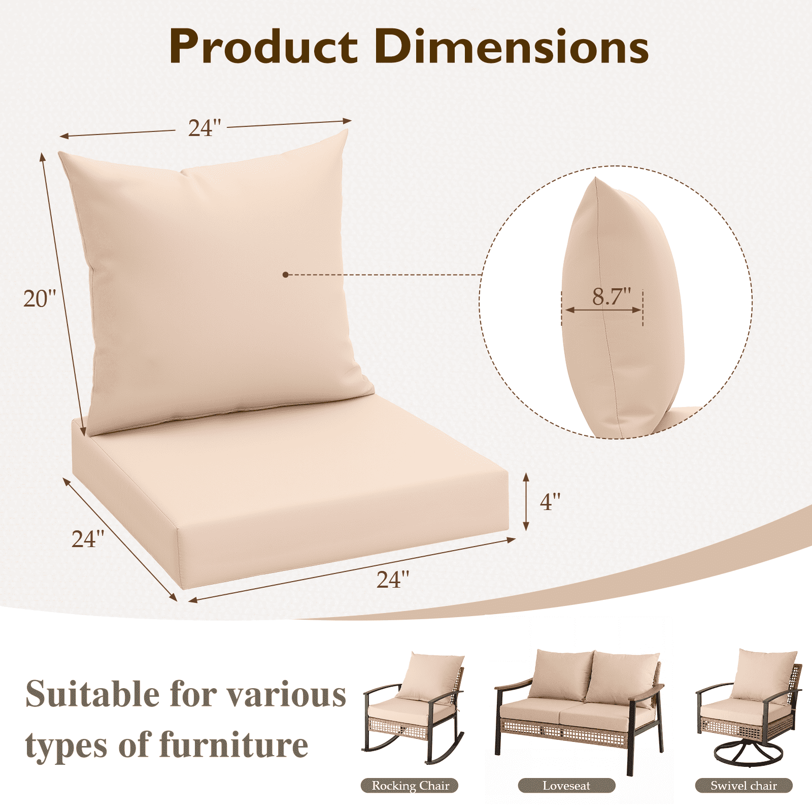 HOMREST Outdoor Chair Cushions Set of 4, 24x24 Inch Waterproof Patio Furniture Cushions with Removable Covers & Ties, Reversible Seat Cushions and Back Cushions for Garden Deck Furniture, Khaki