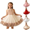 thumbnail image 1 of JDQJBZ Girls Short Sleeve Dress Summer Kids Toddler Solid Color Sequin Mesh Neck Ruffle Tutu Dress, 1 of 5