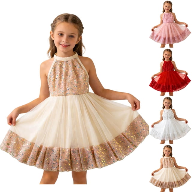 JDQJBZ Girls Short Sleeve Dress Summer Kids Toddler Solid Color Sequin Mesh Neck Ruffle Tutu Dress