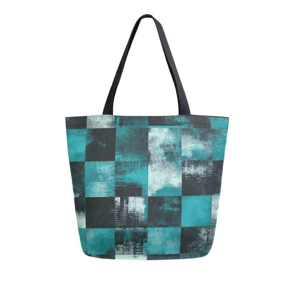 Durable Canvas Tote Bag with Zip Pocket Bags for Woman Shoulder Versatile Carryall for Everyday Use Teal and Black Squares