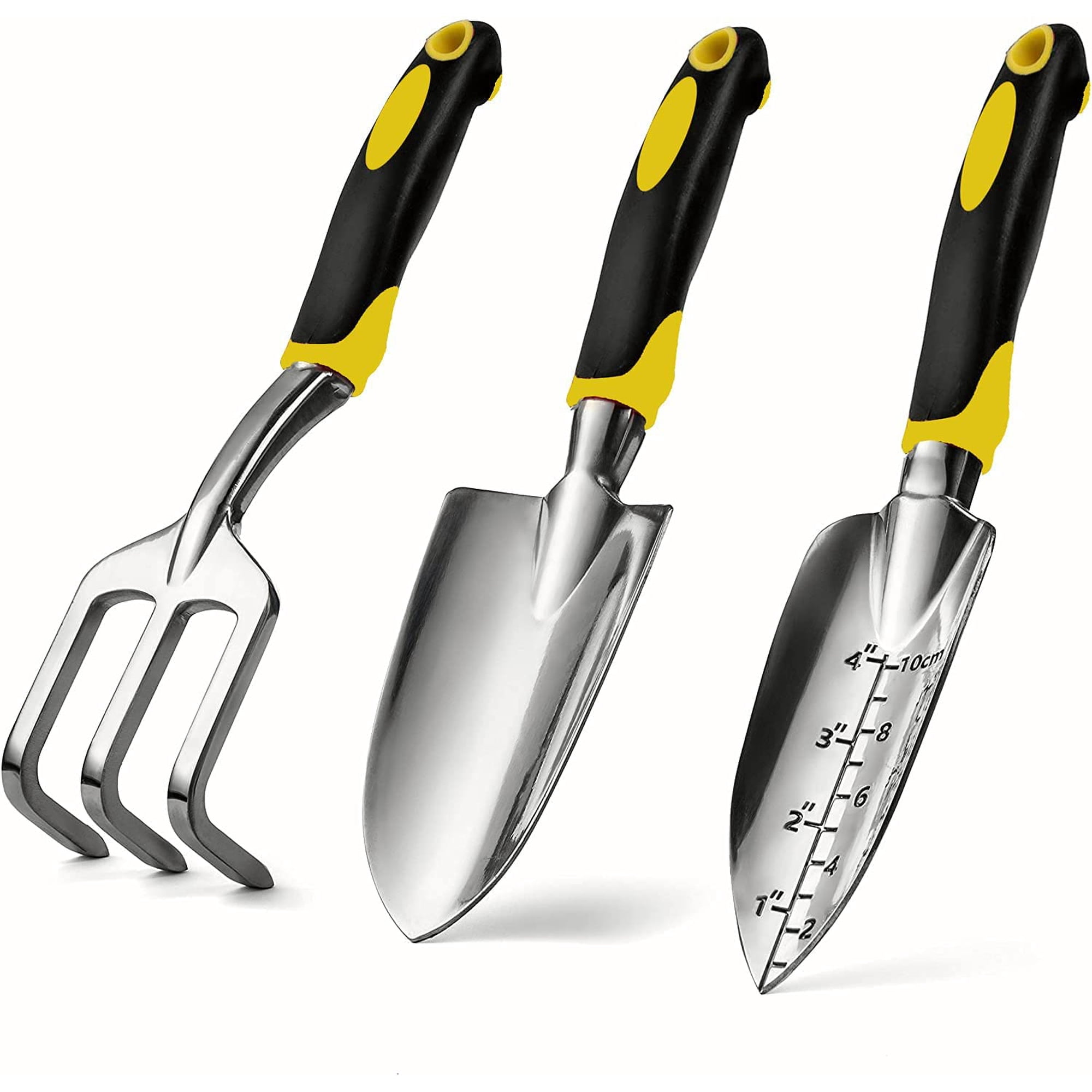 Garden Tool Set 3 Piece Gardening Tools Includes Trowel Transplant Trowel and Hand Rake with Non-Slip Ergonomic Handle Heavy Duty Kit for Planting Gifts Yellow