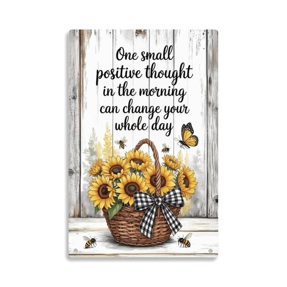 Positive Thoughts Sunflowers Basket  Tin Sign， Vintage Sunflowers in Basket with Bees And Butterfly Metal Sign Print Aesthetic Room Decoration for Home Bedroom Kitchen Bar Dorm Bathroom Wall Decor