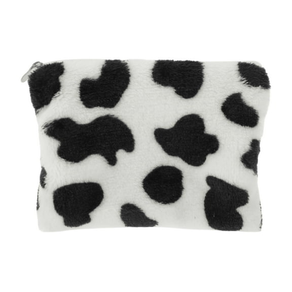 Unique Bargains 1 Pc Coin Purse Wallet Portable Zipper Plush Cow Coin Purse Pouch Black White