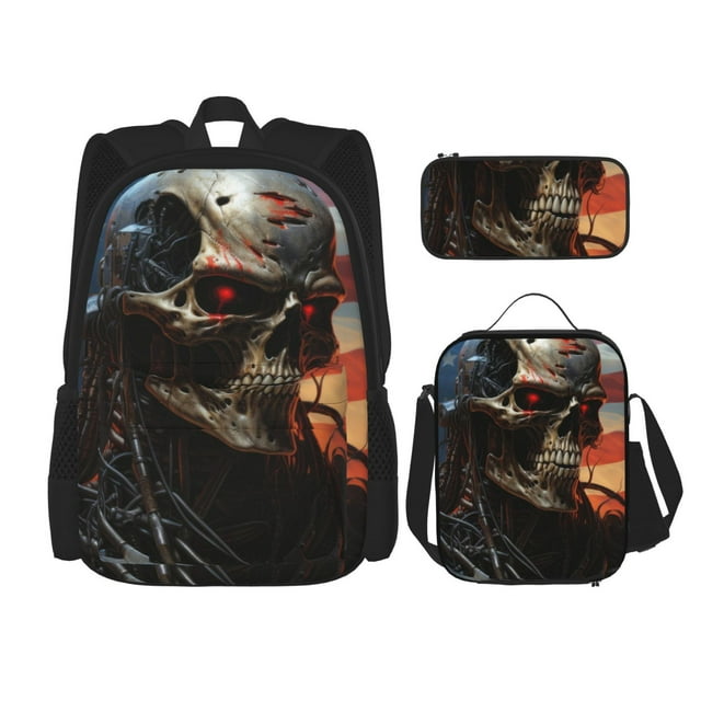 Honeii Cyberpunk Skull American Flag Print School Backpack Bookbag Set-with Lunch Bag & Pencil Case Elementary School Bag Primary School Backpack With Lunch Bag