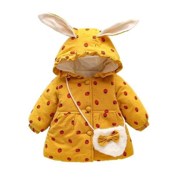 AherBiu Baby Girls Cotton Quilted Jacket Button up Rabbit Ear Hooded Cherry Graphic Winter Coats with 1 Sling Bag