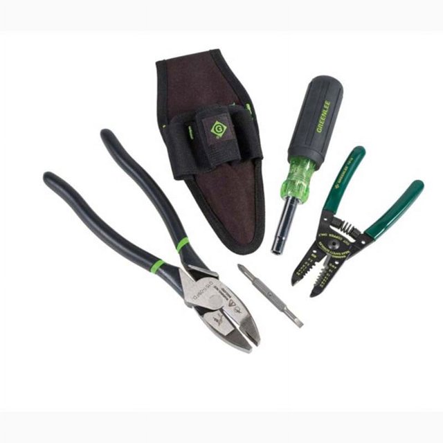 0159-27 - Electrician Wiring Kit by Greenlee, featuring 4 pieces including a wire stripper, pliers, screwdriver with interchangeable bits, and a black carrying pouch. Ideal for electrical wiring tasks.