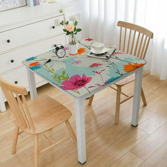 BANET  Square Fitted Tablecloth with Elastic Edge, Waterproof Oil Proof Square Table Cover, Vinyl Flannel Backed Table Cloth Fits Square Tables for Dinner, Outdoor, Picnic, Flowers white