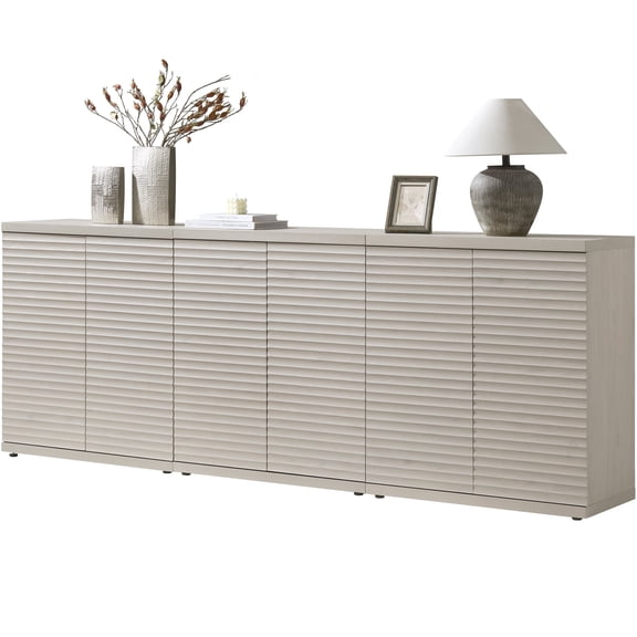 Surmoby 92.7" Wide Mid Century Modern Sideboard Buffet Cabinet, Fluted Media Consle with Adjustable Shelves & Pop-Up Door Bar Cabinet for Living Room & Dining Room, White Alder