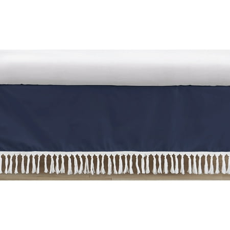 UPC: 0846480087229 | Sweet Jojo Designs Navy Boho Bohemian Boy Baby Crib Bed Skirt Nursery Dust Ruffle – Solid Color Blue and White Farmhouse Chic Minimalist Tassel Fringe Macrame Textured