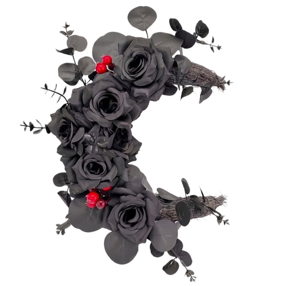 Black Rose Moon Wreath, Gothic Crescent Moon Eucalyptus Wreath with Red Berries, Halloween Black Floral Wreath for Front Door Wall Decor
