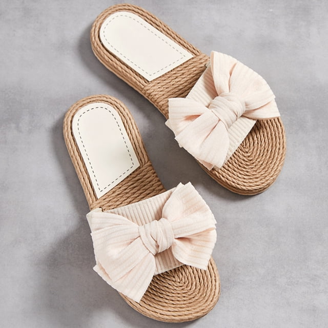 Sandalias planas abiertas Slotas de nudo de arco Sandalias al aire libre Boho (39) Beige