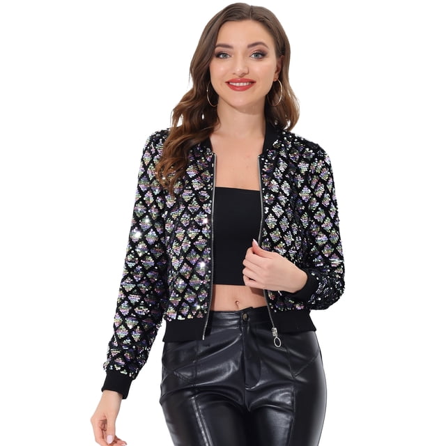 Chaqueta Bomber de Navidad Allegra K con lentejuelas de Manga Larga Brillo Rosa XL
