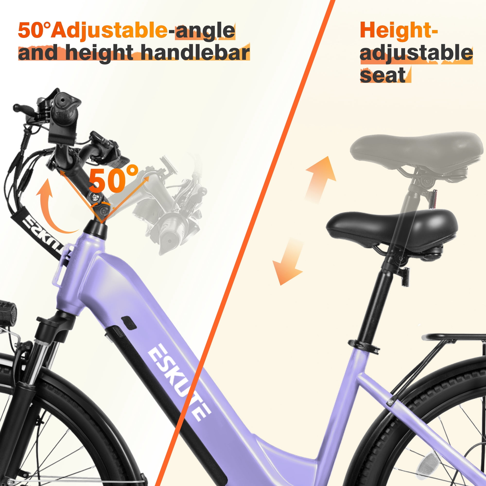 Electric Bike for Adults – 1300W Peak Motor, 28MPH, 840Wh Removable Battery, Up to 70-Mile Range, 26" Tires, 7-Speed Adjustable Stem, Step-Thru, Purple with Phonebag & Lock