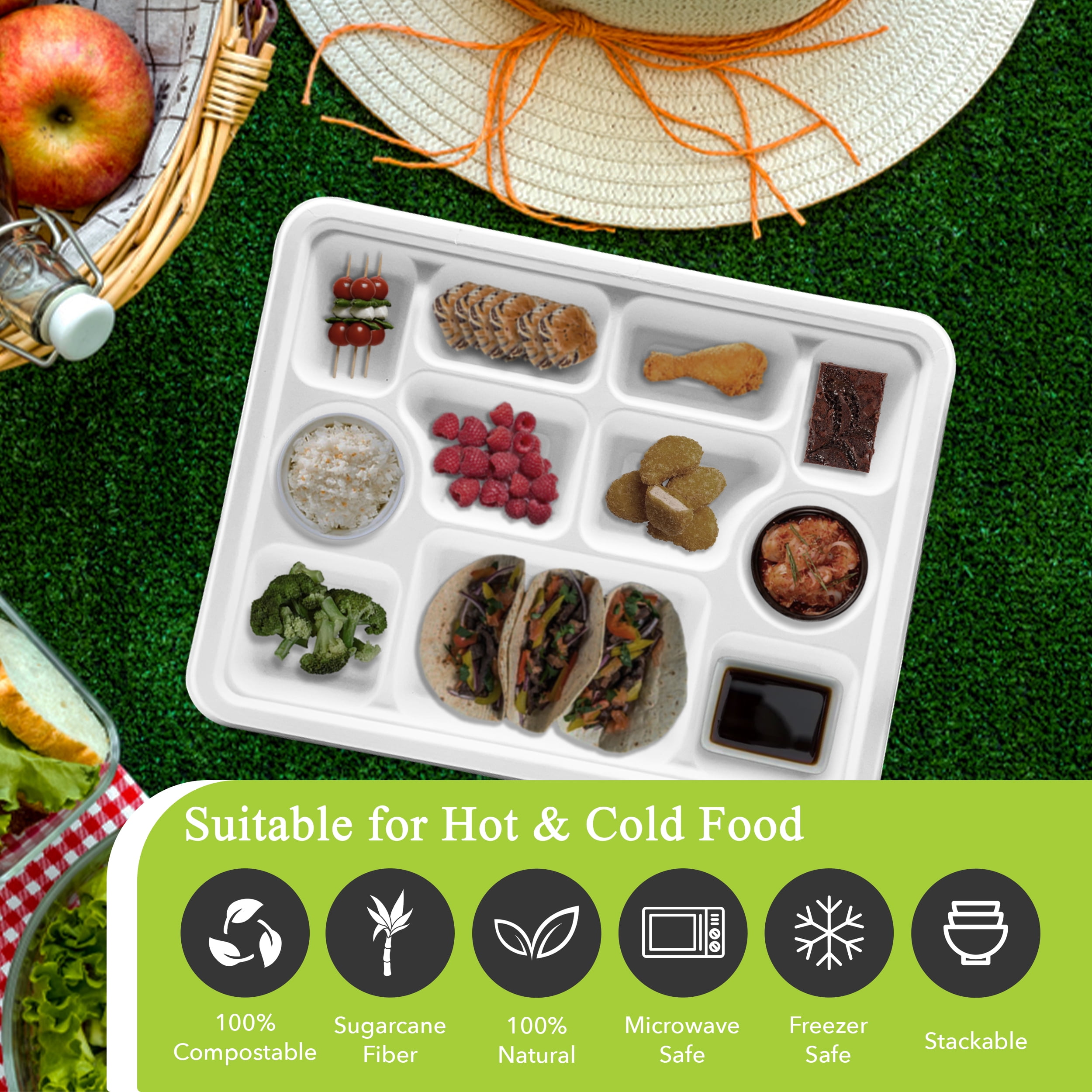 Three Leaf 11 Compartment Bagasse Rectangular Plate, 200 Ct. PFAS-Free, Heavy Duty, Sugarcane Fiber, Eco Friendly Disposable, 100% Biodegradable, Microwave and Freezer Safe, Ideal for Lunch, Buffet