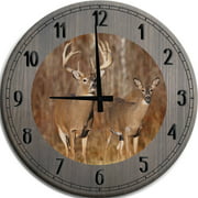 Large Wall Clock Deer Buck & Doe with Big Antlers Hunting Wildlife Woods Man Cave Wall Decor Barnwood Gray 14 inch wall decor
