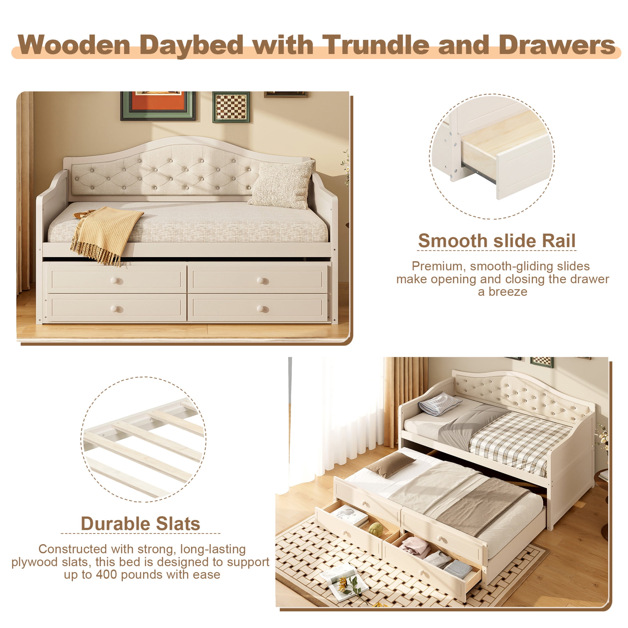 Noble House Twin Daybed with Trundle, 2 Storage Drawers, Upholstered Tufted Backrest, Beige