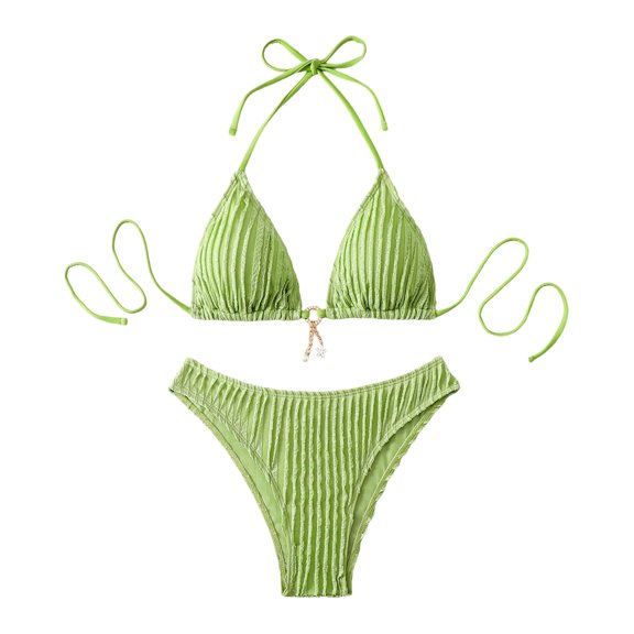 uvwlwu Women Ribbed Triangle Halter Bikini Top with Tassel Charm Two Piece Swimsuit,S