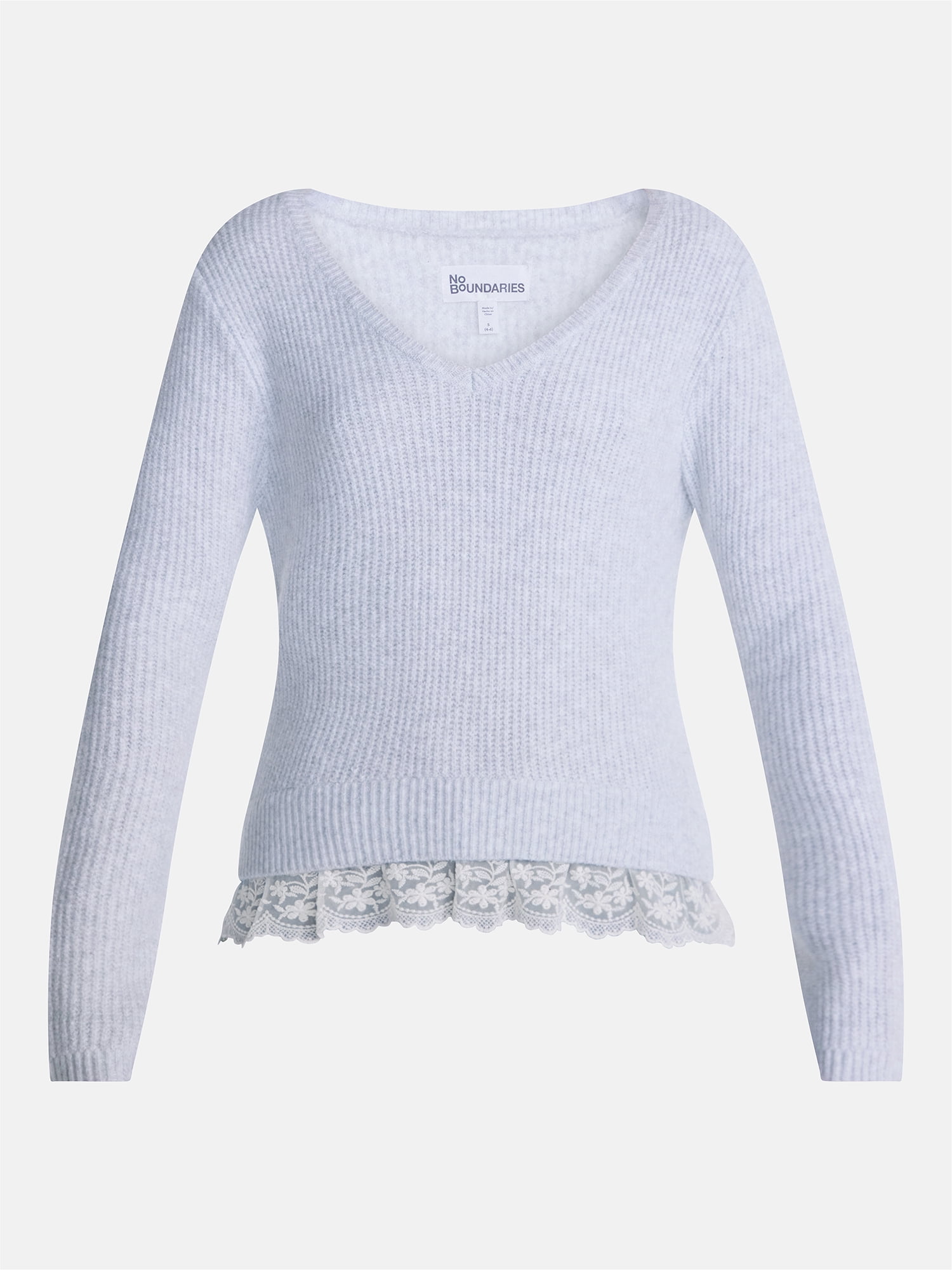 No Boundaries V-Neck Pullover Sweater with Lace Trim, Women's, Sizes XS-XXXL