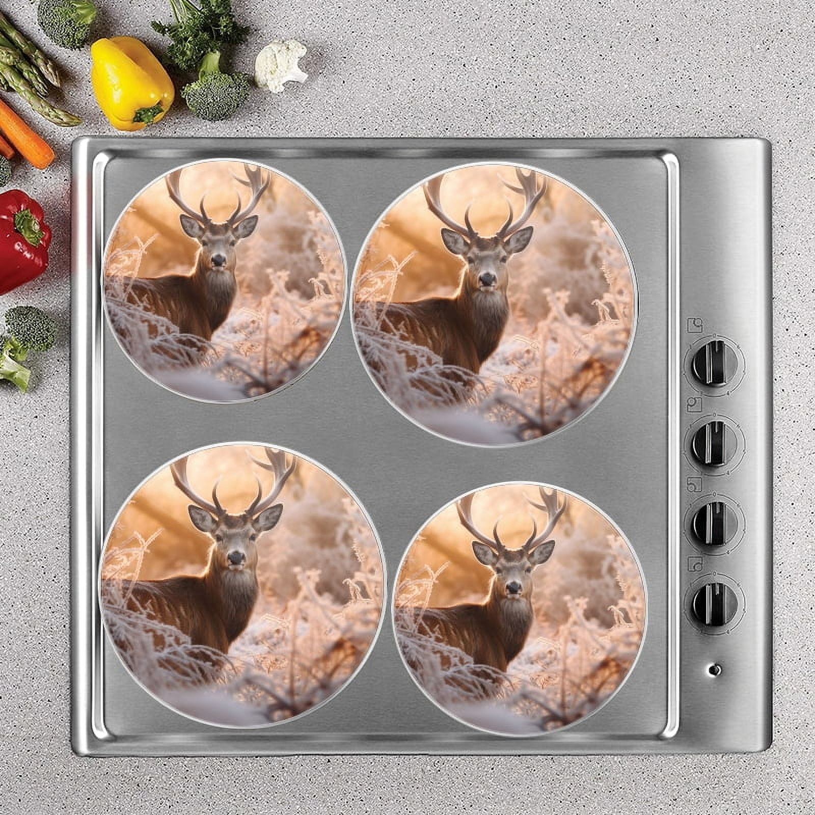 Bahomeck Electric Stove Burner Covers Set Of 4,Majestic Deer With Impressive Antlers Stands In The Frost-Covered Grass Metal Gas Stove Burner Covers,Protecting Gas Stoves,8 Inch And 10 Inch