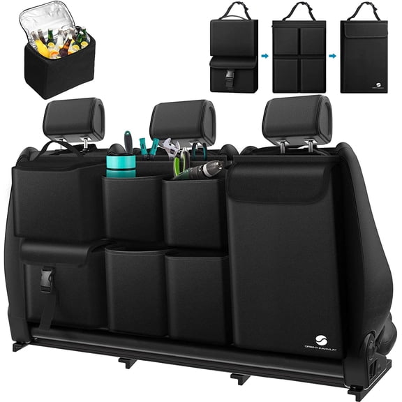 Hanging Car Trunk Organizer with Cooler, Large Pockets, Zippers Detachable Seat Back Waterproof Car Storage Trunk Organizer for Jeeps, SUVs, Black