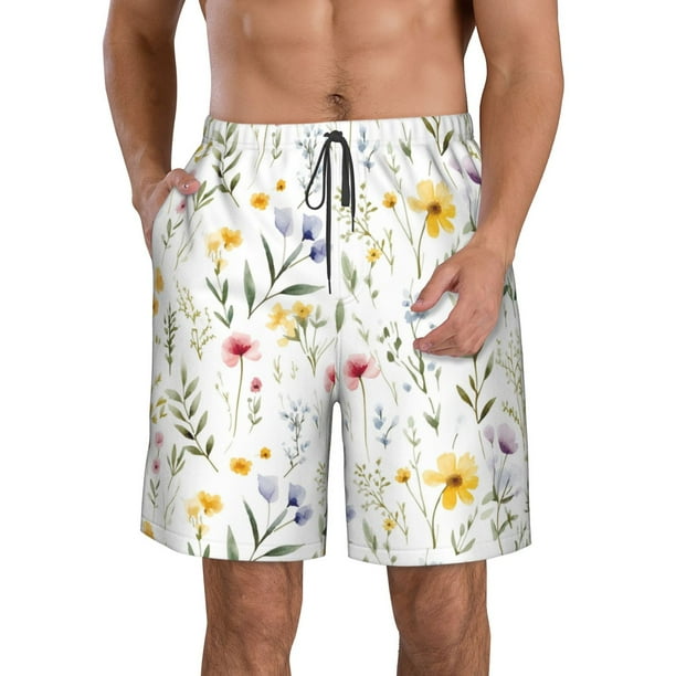 Balery Watercolor Floral A Traje de Baño Estilo Hawaiano para Hombre, Shorts de Secado Rápido con Bolsillos-Large